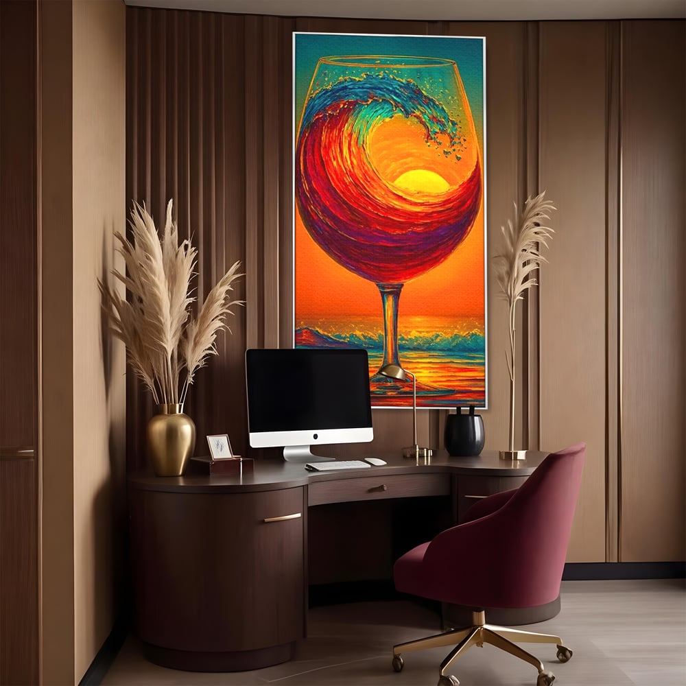 Tablou canvas cu tablou canvas cu pahar de vin si val, in rama de aluminiu argintiu, pe perete intr-un birou